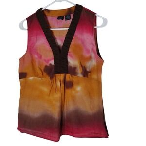 Saint Tropez West Linen Top Blouse‎ Sleeveless Red Yellow Tie Dye Womens Medium